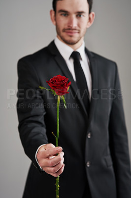 Buy stock photo Studio shot of a well-dressed man holding a red rose against a gray background