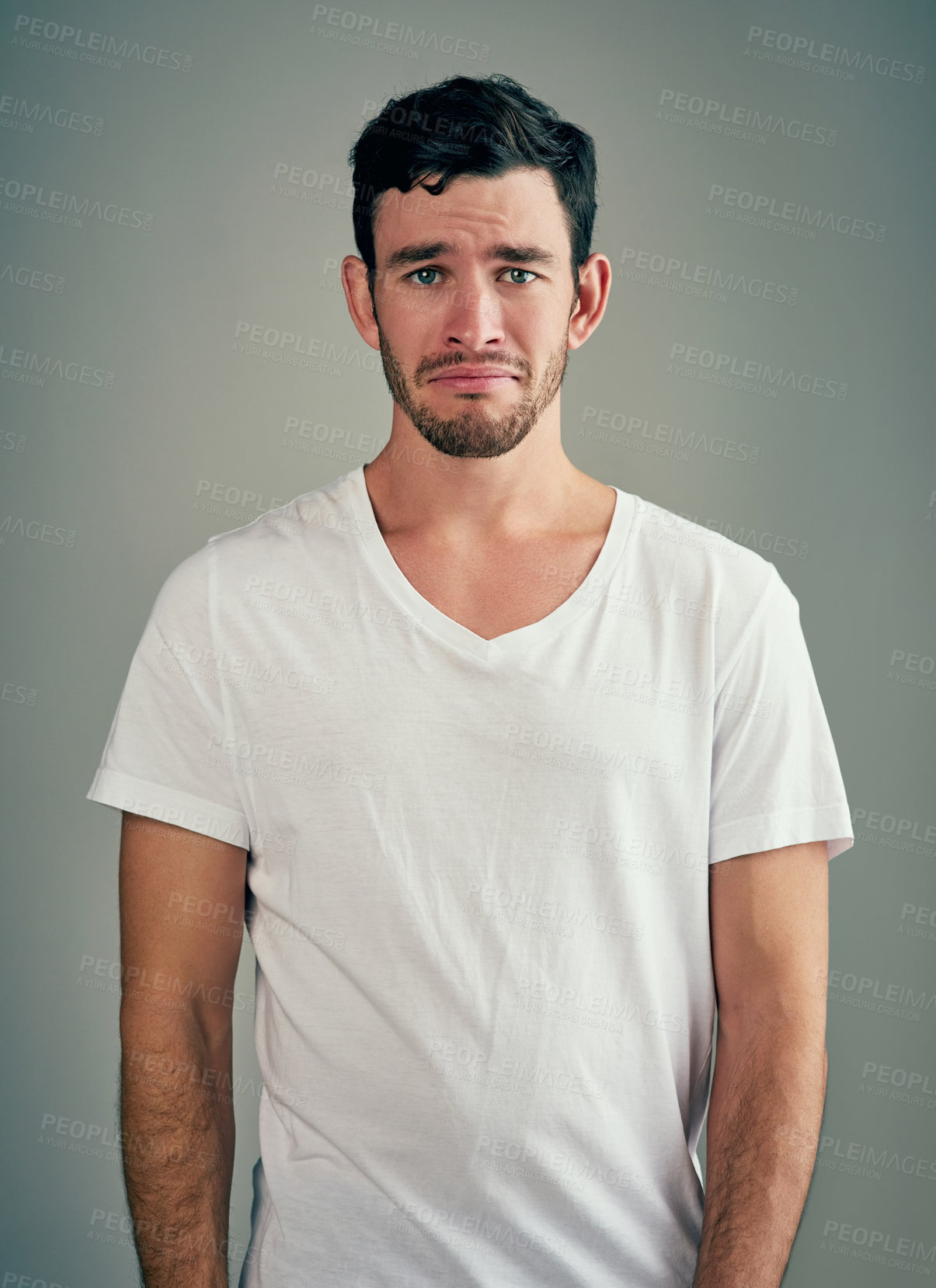 Buy stock photo Man, sad portrait and studio for mental health, burnout and overwhelmed on gray background. Male person, depression and unhappy guy for mistake or fail, anxiety pain and fear of future or bad news