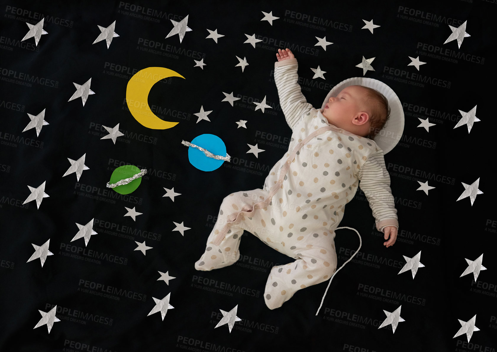 Buy stock photo Conceptual shot of a baby girl as an astronaut against a space background