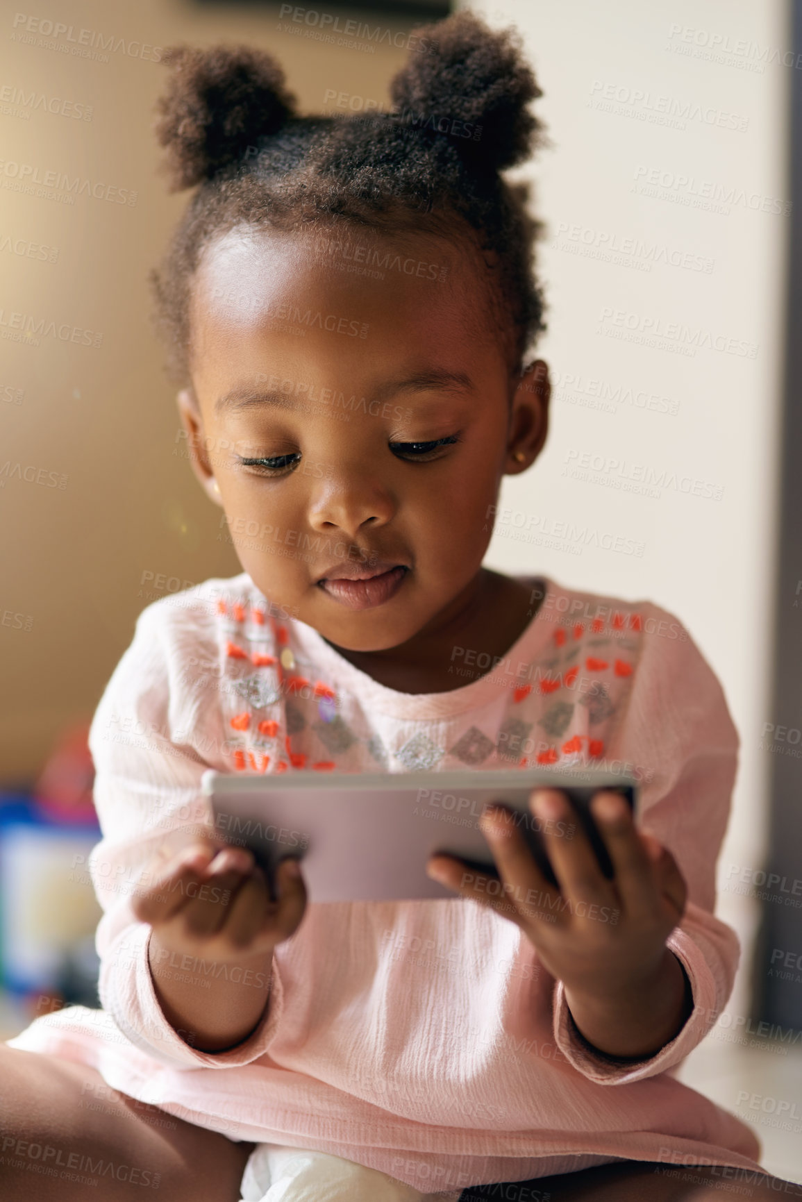 Buy stock photo Home, internet and black toddler with learning on tablet for cognitive, skills and online entertainment. Girl, kid and reading with technology in house for education, growth and sensory development