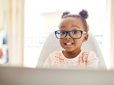 Buy stock photo Girl child, portrait and online with laptop for relax for creative activity, learning and streaming movies. Toddler, glasses and internet for curiosity or engaging for education growth or development