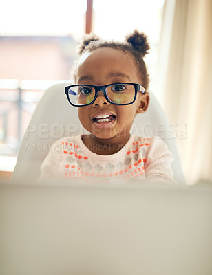 Buy stock photo Girl kid, portrait and home with laptop for relax for creative activity, learning and streaming movies. Toddler, internet and technology for curiosity or engaging for education growth or development