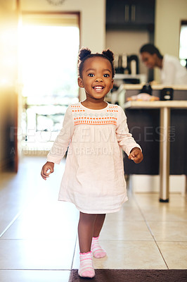 Buy stock photo Full length portrait of an adorable little girl walking through her home