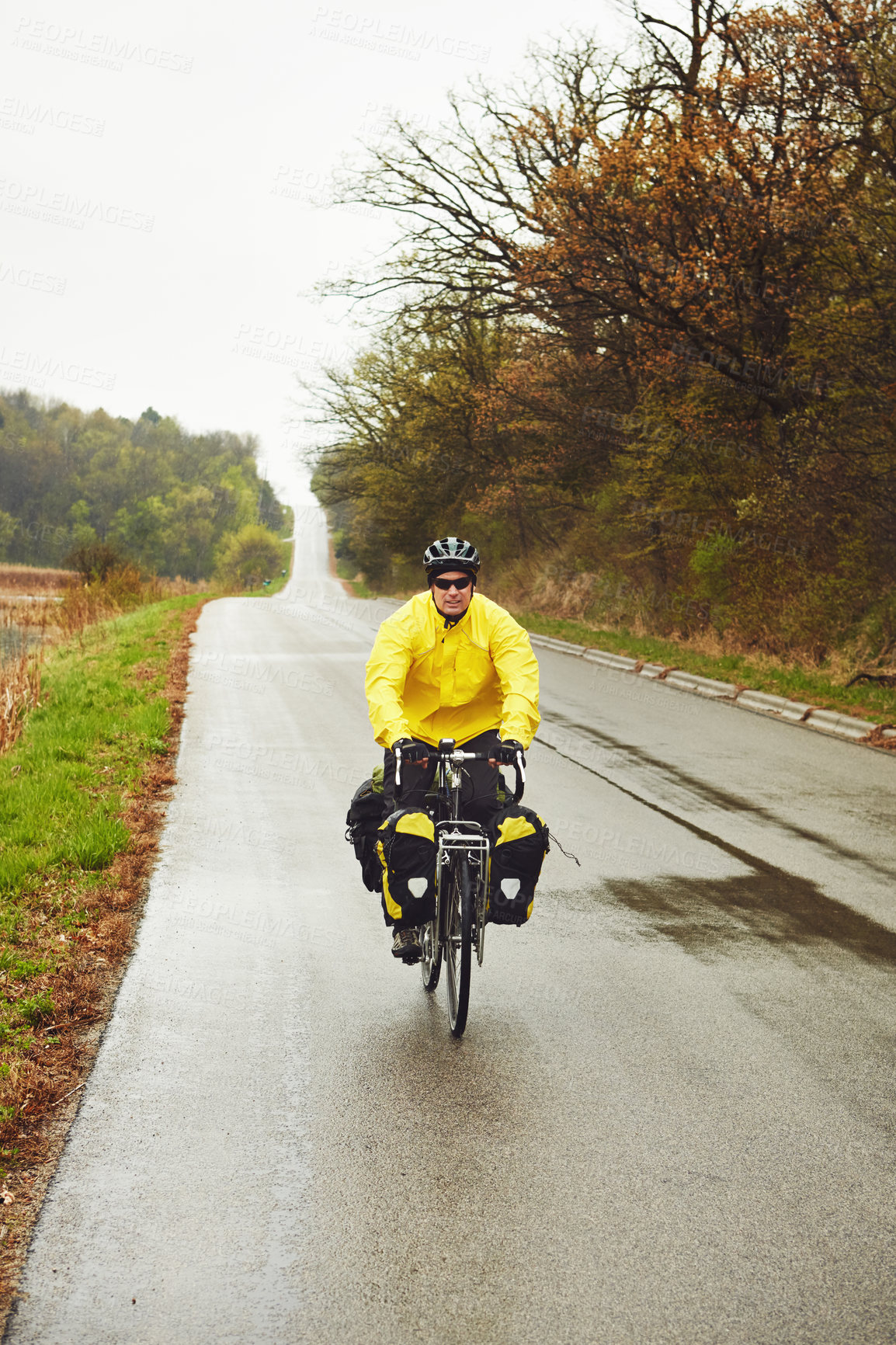 Buy stock photo Mature man, cyclist and bicycle in woods for fitness, tourism exercise and minimalistic travel. Space, male person and cycling for bikepacking, workout safety and adventure activity in countryside
