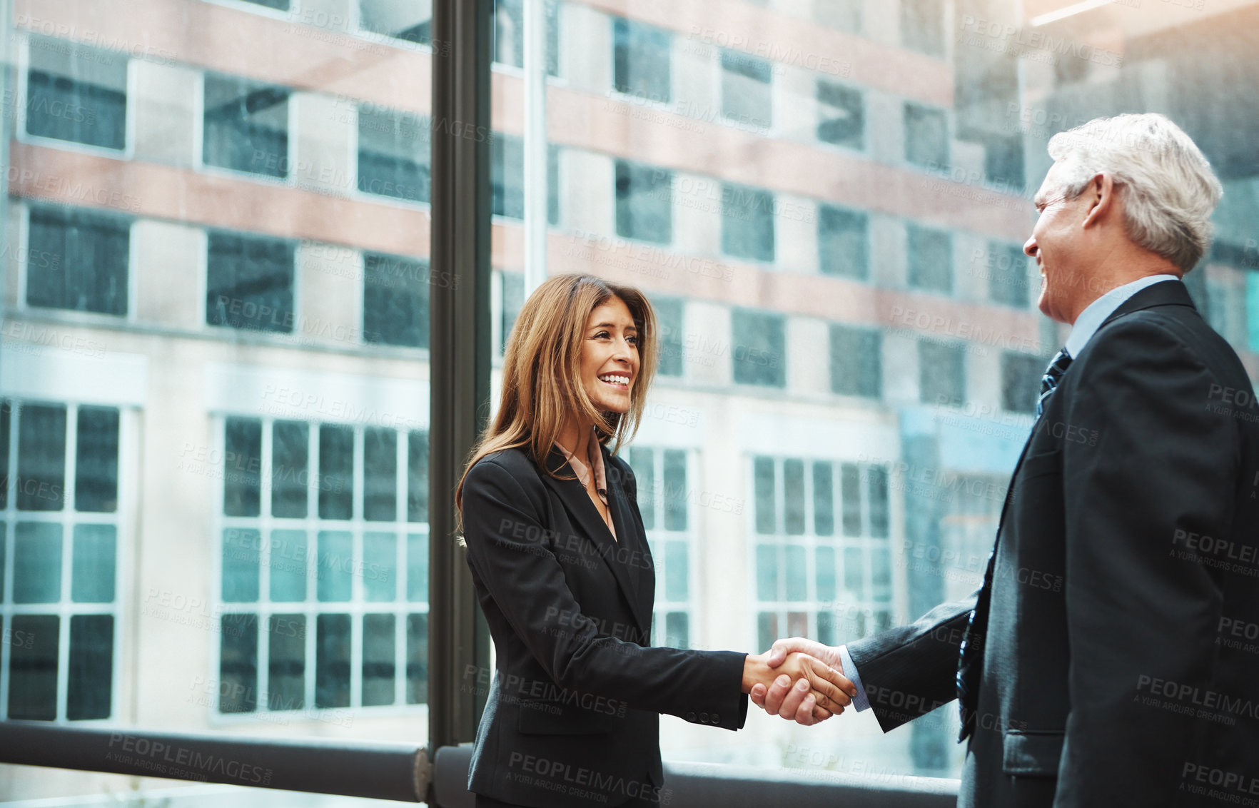 Buy stock photo Woman, man and success or shaking hands for welcome, thank you for meeting in office. Partnership, handshake and trust with business greeting for b2b or teamwork, collaboration in workplace for deal