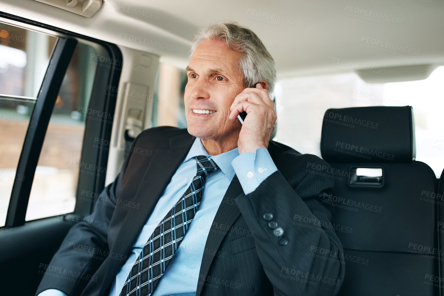 Buy stock photo Mature man, transport and phone call in taxi for commute, schedule meeting, communication in backseat. Mobile, vehicle and employee with smile for conversation, talking or travel on business trip