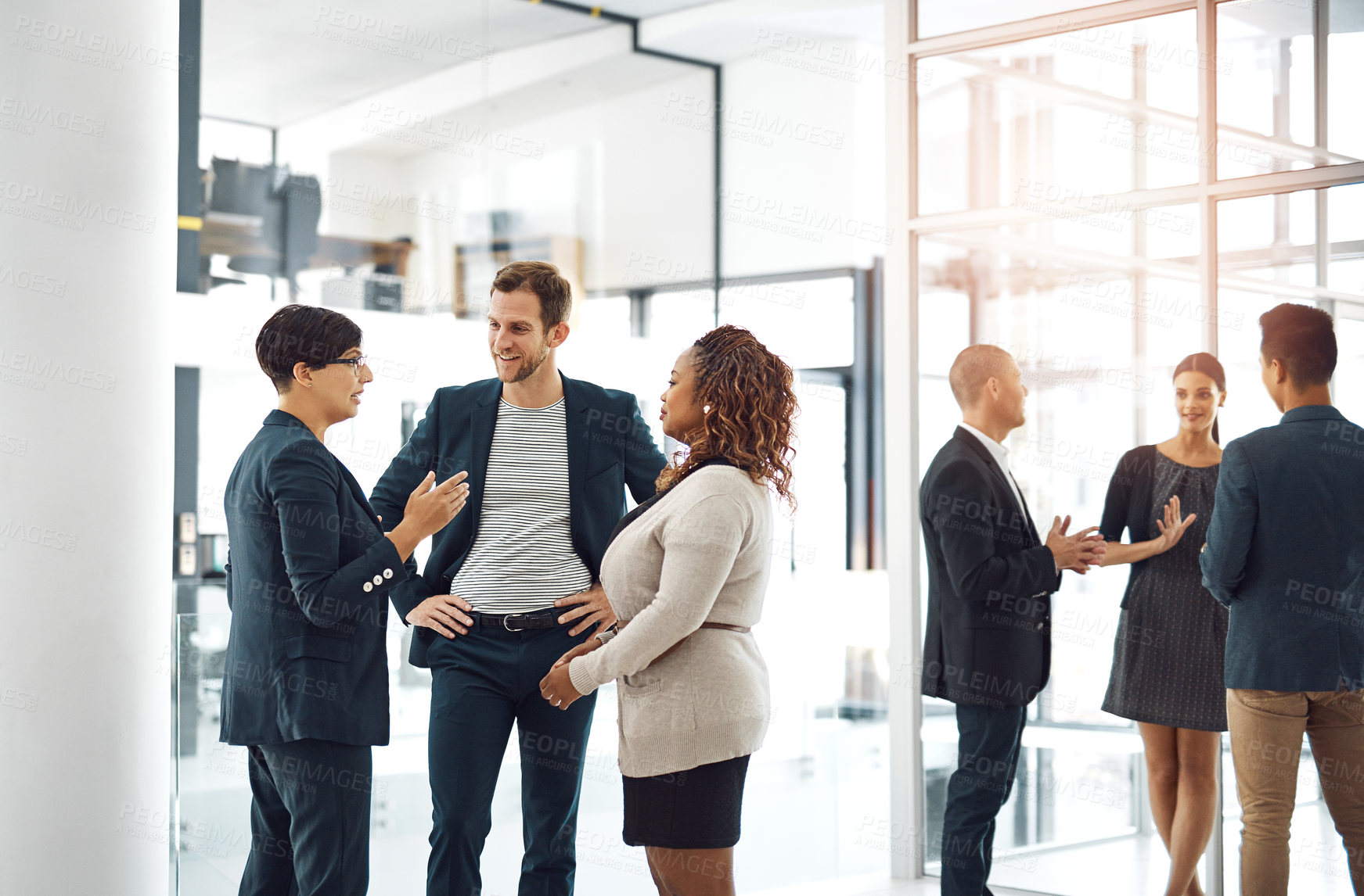 Buy stock photo Business people, discussion and planning with team for briefing or corporate meeting at office. Young, group or employees at modern workplace for startup proposal, collaboration or company vision