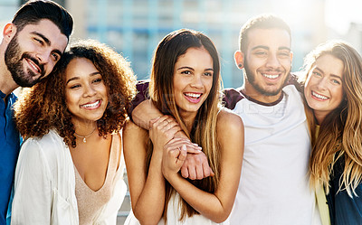 Buy stock photo Portrait of young friends spending the day outside