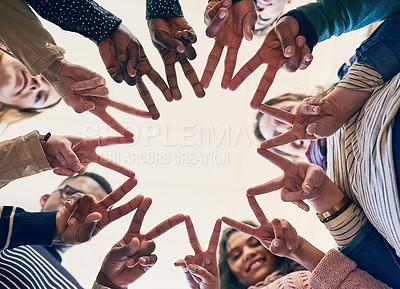 Buy stock photo Low angle portrait of a group of young friends