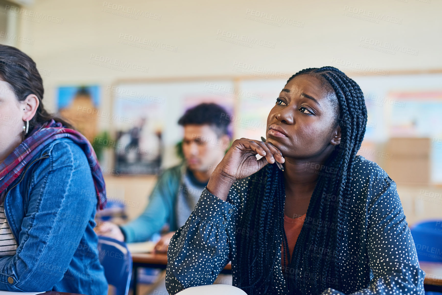 Buy stock photo Student, thinking and woman in university classroom for education, test or exam. Idea, college and study in lecture for problem solving, doubt or brainstorming solution for learning knowledge