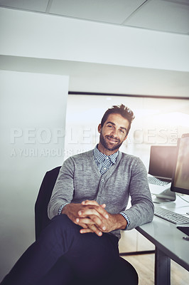 Buy stock photo Businessman, computer and happy at desk in office for telemarketing, email and online communication. Portrait, male person and technology in workplace for internet, retail and consulting agent.