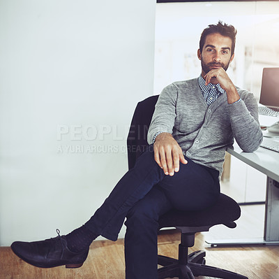 Buy stock photo Man, portrait and relax in office thinking for new creative design for company or agency as web developer. Male employee, happy and thoughts or idea for websites or apps for startup business.