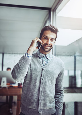 Buy stock photo Businessman, standing or talking with mobile in office for contact, communication with technology at job. Male person, phone or holding at workplace with smile for call, online or connected for job
