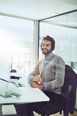 Buy stock photo Man, call center and happy talking in office or consultant in conversation with a client, customer support or employee on computer. Contact us, businessman or communication for help, crm or service