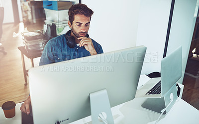 Buy stock photo Thinking, computer and business man in office for decision, reading email or problem solving in creative startup. Pc, serious programmer and planning solution, reflection or vision at desk for IT