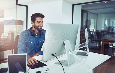 Buy stock photo Smile, computer and business man in office for planning, reading email or network online in creative startup. Pc, programmer and coding software for information technology, internet or cyber security