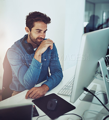 Buy stock photo Thinking, computer and business man planning for decision,   inspiration or problem solving in startup office. Pc, creative designer and idea for solution, reflection or brainstorming vision at desk