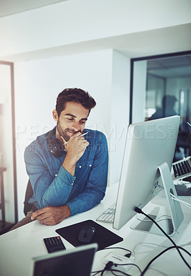 Buy stock photo Businessman, thinking and pen in office for startup company, brainstorming and planning. Male person, online business and professional designer in workplace for creating and developing graphics. 