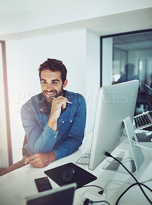 Buy stock photo Businessman, technology and thinking in office for brainstorming, advertising and telemarketing. Male person, seo and idea for online marketing, workspace and planning in  creative agency interior.