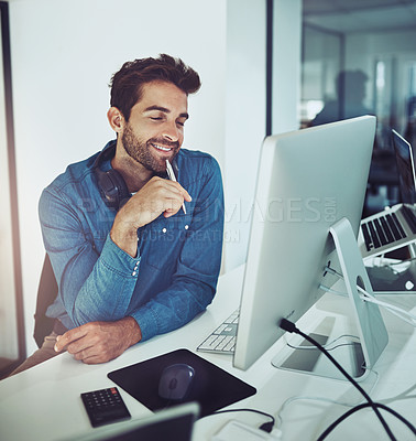 Buy stock photo Businessman, technology and brainstorming in workplace for social media. Male person, seo and planning for content creation, design and new project design in office for online startup company