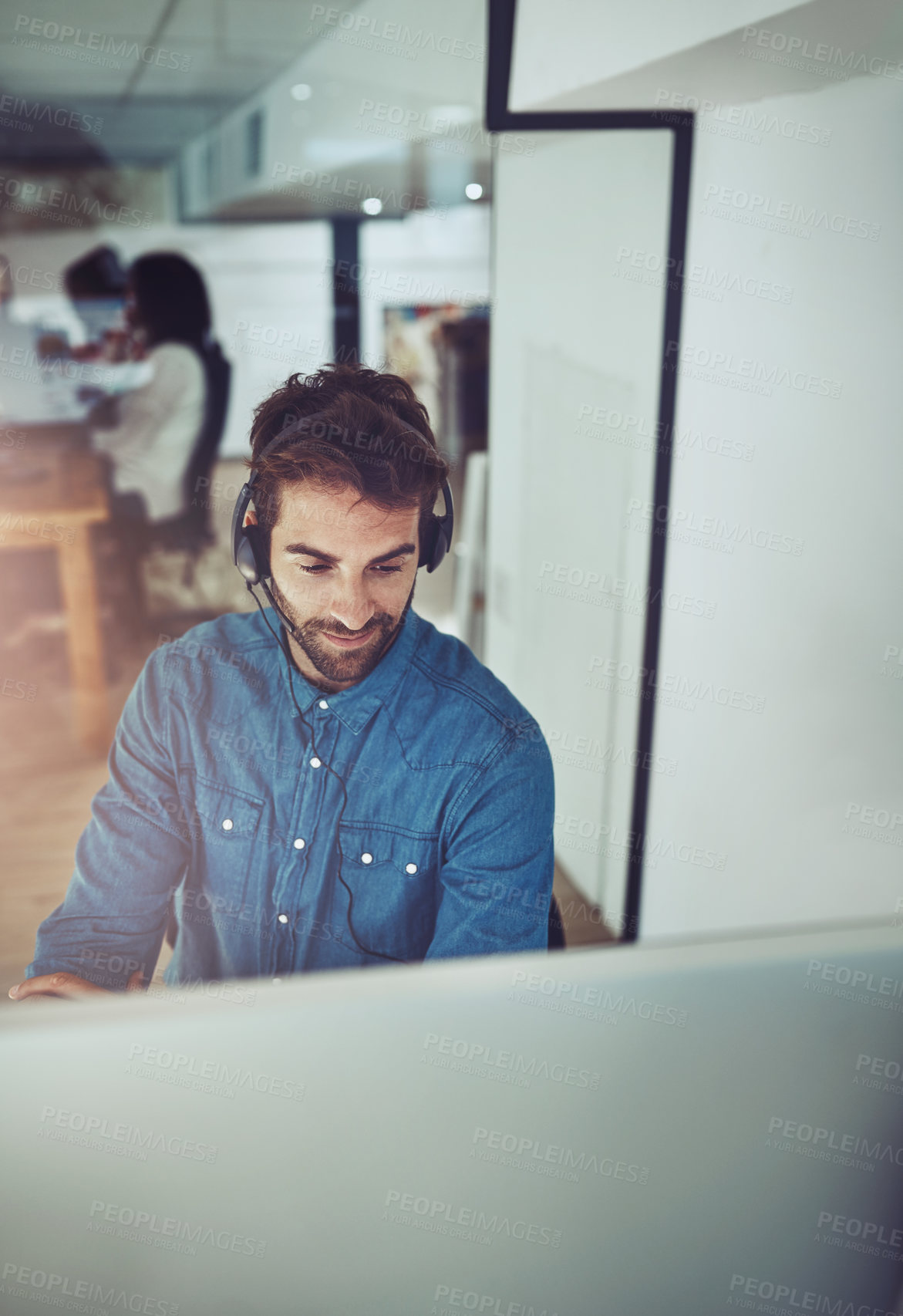 Buy stock photo Video call, crm and man with headset, computer and agent in office for telemarketing webinar. Consulting, networking and virtual assistant in conversation in lead generation, advice or online meeting