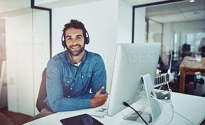 Buy stock photo Worker, portrait and computer with headset, smile and office for technical or customer support. Call center man, company and corporate service with workplace, happiness and employee tech confidence