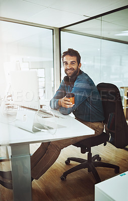 Buy stock photo Man, laptop and portrait in office for web project, career review online and email feedback on digital report with coffee. Creative designer and smile with tech and beverage for internet research