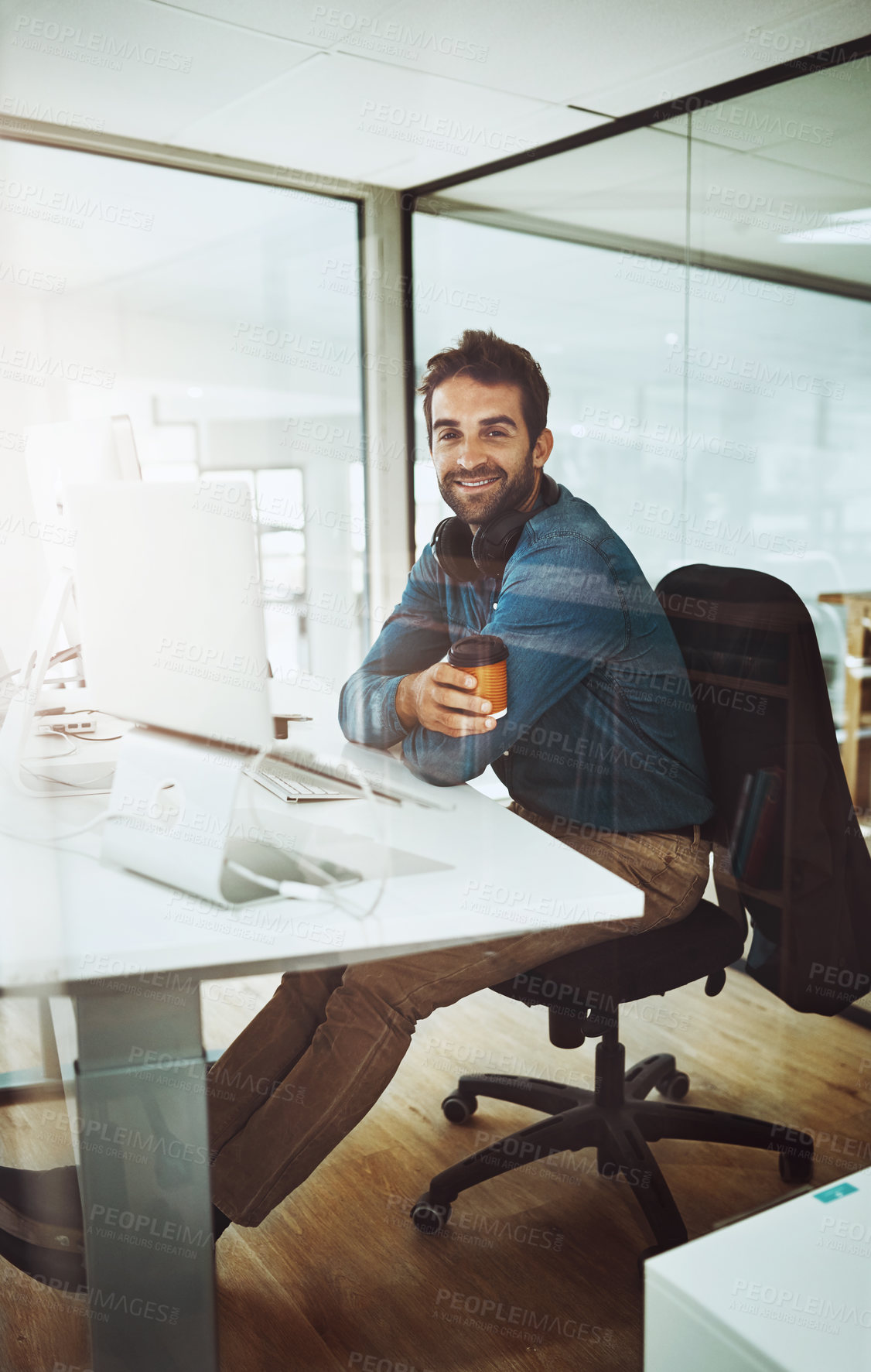 Buy stock photo Man, laptop and portrait in office for web project, career review online and email feedback on digital report with coffee. Creative designer and smile with tech and beverage for internet research