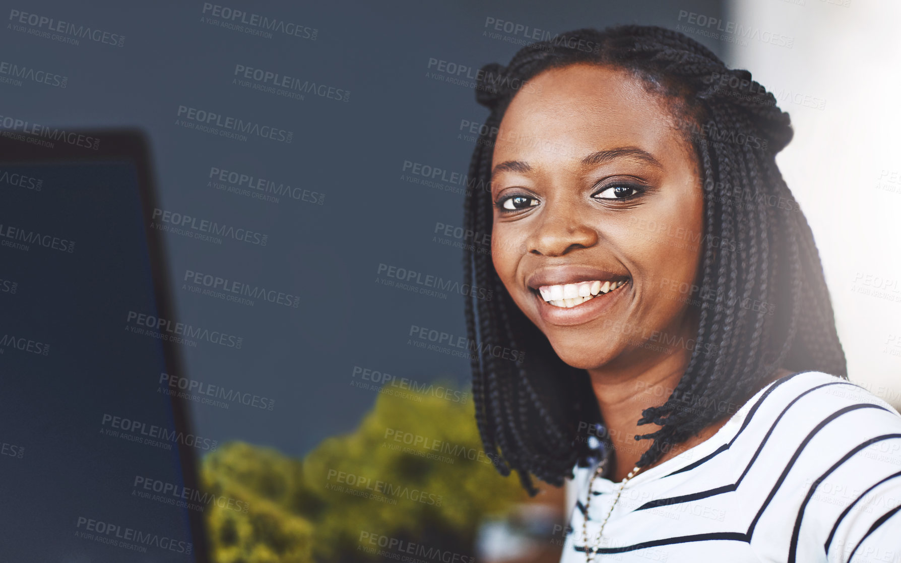 Buy stock photo Portrait, black woman and career with computer screen as copywriter for digital agency or publication. Female person, happy and creative professional in media company with tech or pride in Ethiopia