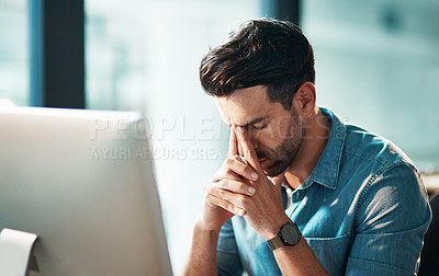 Buy stock photo Headache, stress and tired business man at computer in office for anxiety, crisis or technology problem. Burnout, fatigue and frustrated worker at desktop pc with mistake, online glitch or depression