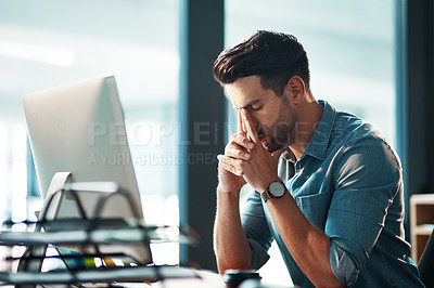 Buy stock photo Man, headache and stress at computer in office for problem, burnout and crisis of anxiety, brain fog and pain. Tired, frustrated and sad worker at desktop for mistake, online glitch and bankruptcy