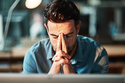 Buy stock photo Stressed, tired and frustrated businessman with headache at night from burnout or making mistake on computer. Overworked creative entrepreneur failing to meet late office deadline or working overtime