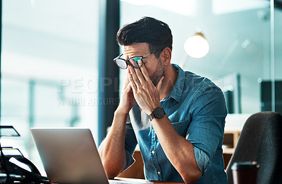 Buy stock photo Headache, stress and tired business man at laptop in office for anxiety, debt crisis and eye strain problem. Burnout, fatigue and worker at computer with pain, brain fog and frustrated with mistake