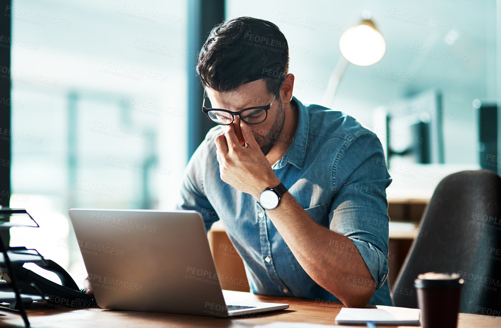 Buy stock photo Eye pain, headache and business man at laptop with anxiety, mental health problem and brain fog. Tired, frustrated and stress of worker at computer with fatigue, burnout and crisis of mistake online