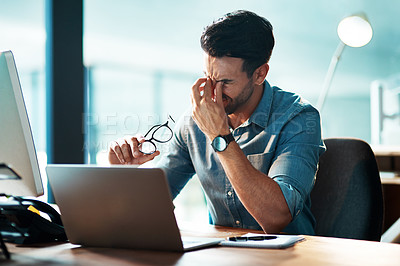 Buy stock photo Eye strain, headache and business man at laptop with stress, mental health problem and brain fog. Tired, frustrated and confused worker at computer with fatigue, burnout and pain of vertigo in office