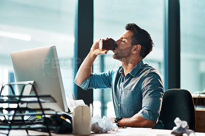Buy stock photo Business man drinking coffee in office at computer in startup agency for productivity, energy and break. Male employee, desktop pc and cup of caffeine at table while working online with technology
