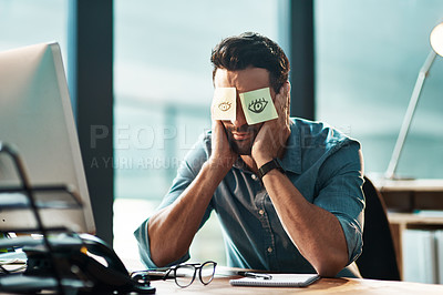 Buy stock photo Tired, sleeping and a man with sticky note on face during overtime, late work and business at night. Fatigue, burnout and a businessman with paper to cover eyes during sleep at a desk for a deadline