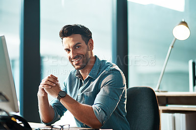 Buy stock photo Business man, portrait and smile at desk in office with confidence, happiness and commitment to company. Happy male entrepreneur at computer in startup agency with pride, professional and motivation