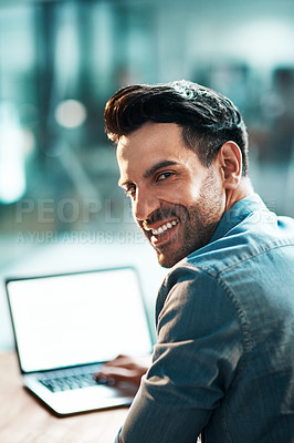 Buy stock photo Creating entrepreneur browsing on laptop, searching and reading client or customer emails on office technology. Portrait of smiling, confident and ambitious business man working on startup company