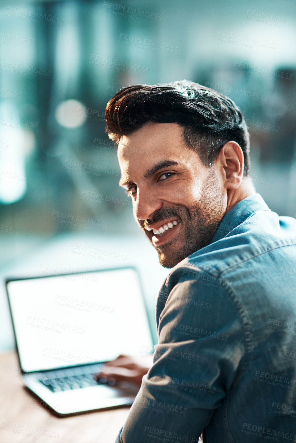 Buy stock photo Creating entrepreneur browsing on laptop, searching and reading client or customer emails on office technology. Portrait of smiling, confident and ambitious business man working on startup company