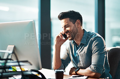 Buy stock photo Happy business man, phone call and computer in office for conversation, communication and planning contact. Employee talking on cellphone at desktop pc for mobile networking, consulting and feedback