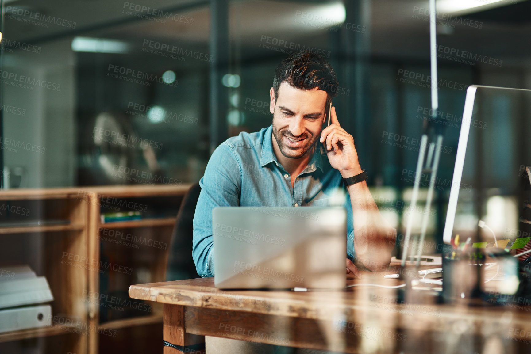 Buy stock photo Happy business man, phone call and laptop in office for conversation, communication and contact for planning. Male worker talking on cellphone at computer for mobile networking, consulting and hello