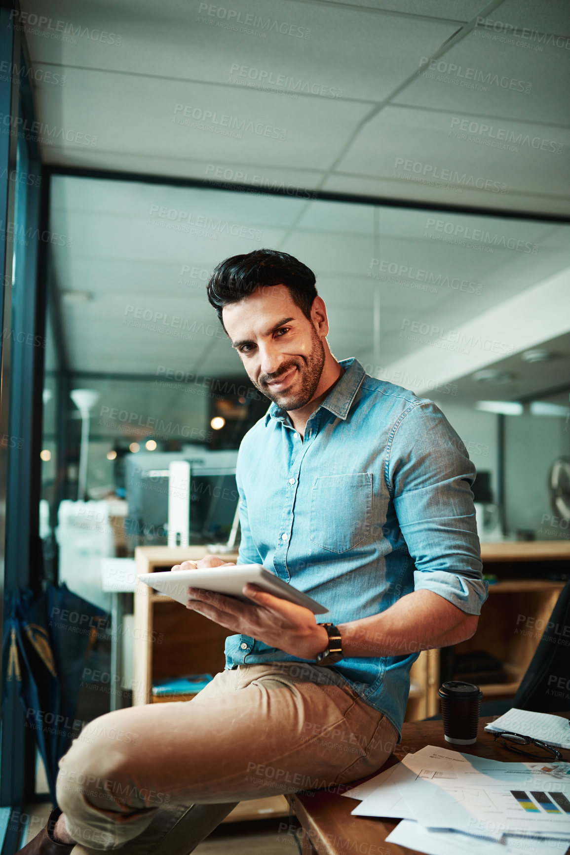 Buy stock photo Portrait of happy man, tablet and office for planning, data update and internet research in business. Young male employee, digital technology and strategy for online information, insight and iot app 