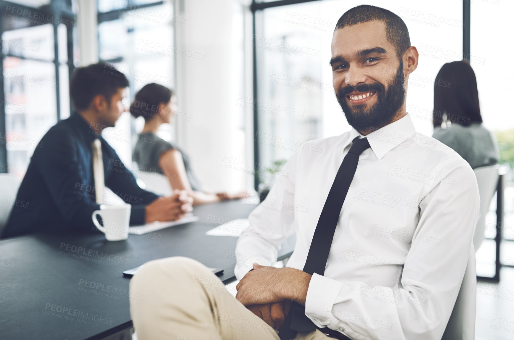 Buy stock photo Management, leadership and portrait of businessman in meeting for presentation, future growth and investment. Collaboration, goals and working with man employee with review, smile and finance