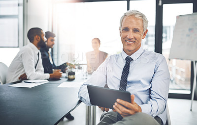 Buy stock photo Meeting, portrait of senior ceo businessman with tablet and in modern office with his team. Workshop, technology and corporate male person or leader and in a boardroom brainstorming or planning.