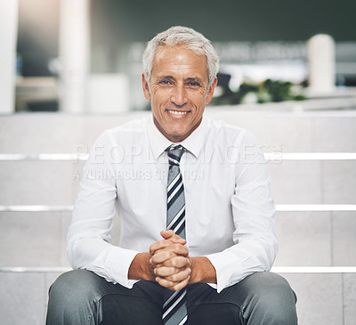 Buy stock photo Stairs, businessman and happy on portrait at office with pride, confidence and career growth. Male person, entrepreneur and smile or satisfied with future as ceo and investment manager for company