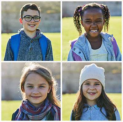 Buy stock photo Composite shot of elementary school kids standing outside