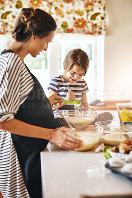 Buy stock photo Mother, pregnant or girl baking in kitchen as a happy family with a kid learning cookies or cake recipe at home. Maternity, cooking or mother baker helping or teaching child to bake for development