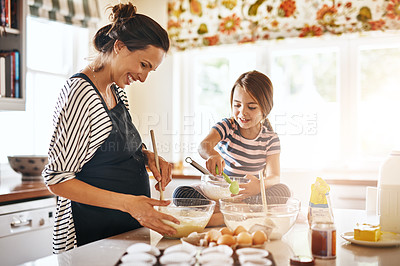 Buy stock photo Mother, cooking or happy girl baking in kitchen as a family with a young kid learning cookies recipe at home. Cake pastry, baker or mother helping or teaching daughter to bake for child development 