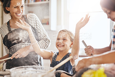 Buy stock photo Messy, happy and children baking with mother for teaching and being crazy with flour. House, excited and girl kids with a mom, learning to cook and making a mess while cooking together in the kitchen